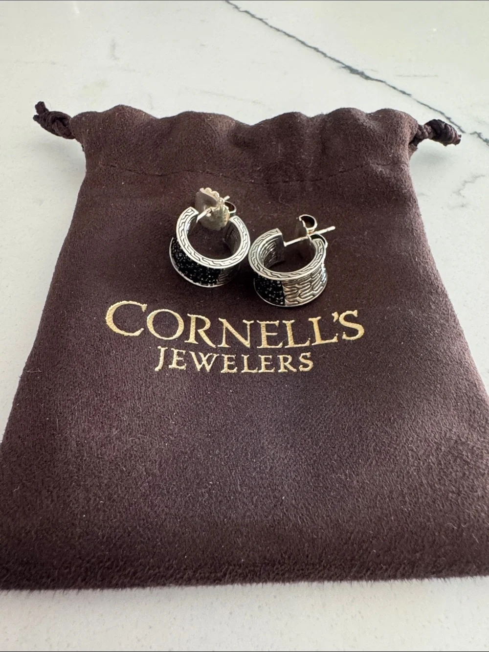 John Hardy Classic Sterling Silver Hoop Earrings Treated Black Sapphire Spinel